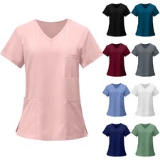 Womens Medical Uniforms Scrubs Tops Uniform V-Neck Tops T-Shirt With 3 Pockets