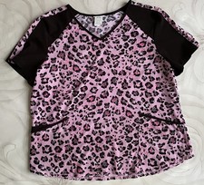 Scrubstar Scrub Top sz 2XL Pink Black Animal Print V-Neck Pockets Short Sleeve