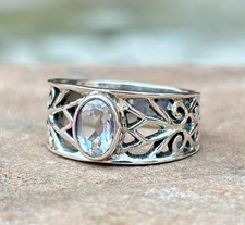 Clear Crystl Filigree Ring 925 Sterling Silver Wide band Ring Boho Statement