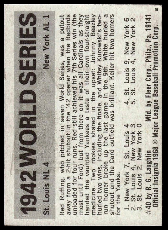 1971 Fleer World Series #40 1942 Cardinals Yankees Kurowski Beazley - Image 2 of 2