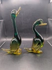 🔥 1960s VINTAGE MURANO GLASS ITALY GREEN AMBER 8" & 10" DUCK FIGURINE LOT X 2