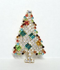 Christmas Tree Brooch Signed Prong Set Rhines...