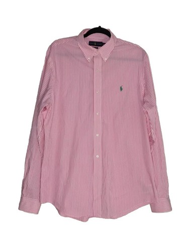 Ralph Lauren Dress Shirt Size Large Pink White Striped Logo Preppy Old Money - Picture 2 of 7
