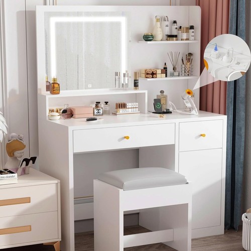 37" Vanity Desk with Mirror ,Stool , Power Outlet, Drawers and 3 Lighting Modes - Picture 3 of 14