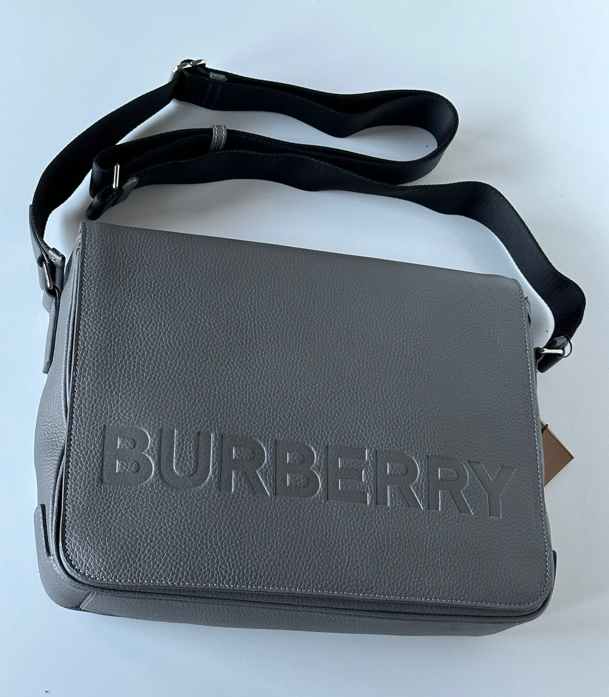 NWT $1350 Burberry Bruno Leather Logo Charcoal Grey Messenger Bag 80528721