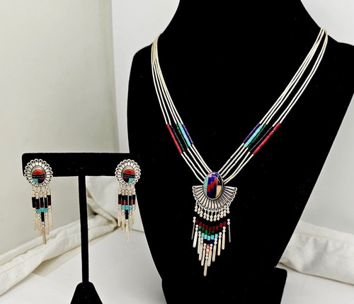 QUOC TRADING CO. LIQUID STERLING SILVER INLAID STONE DANGLE NECKLACE EARRING SET - Picture 5 of 9