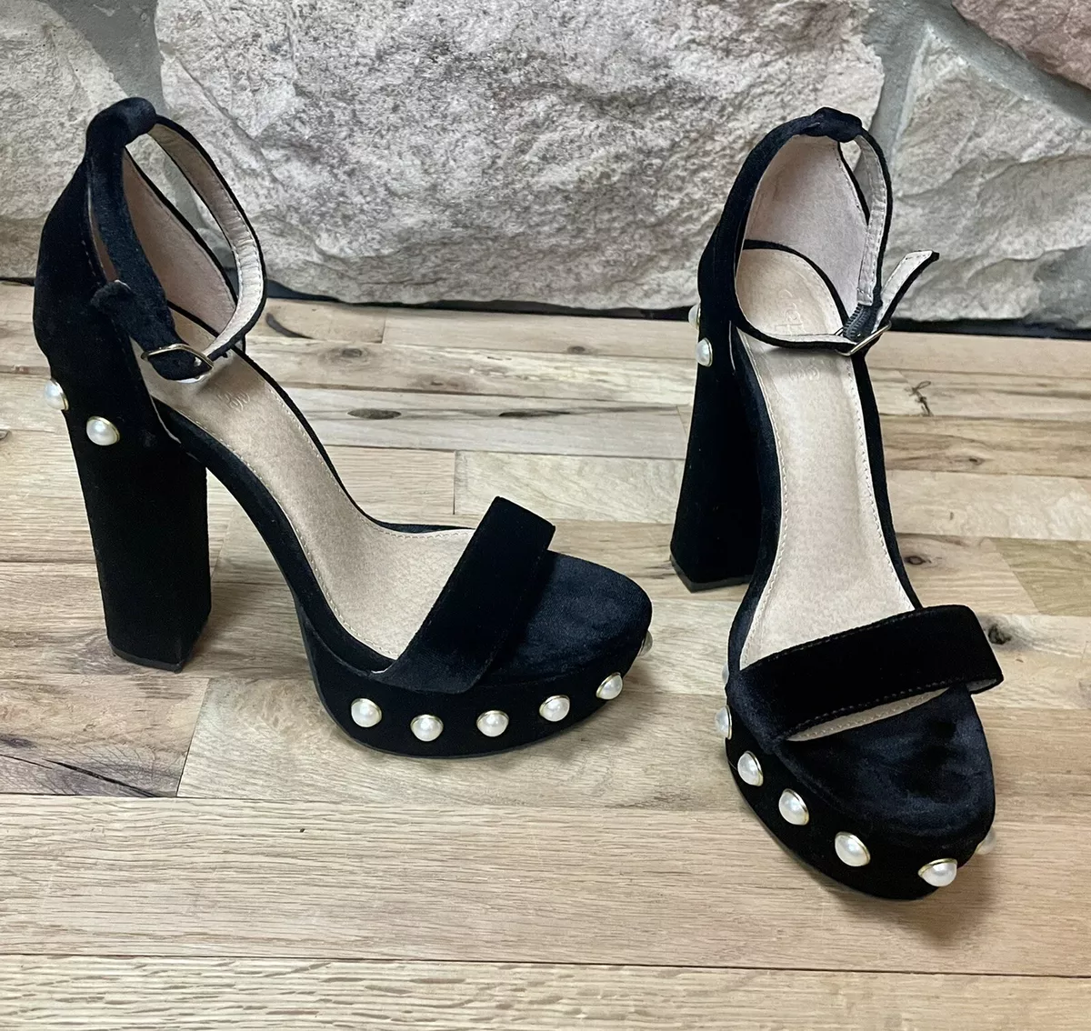 Chorloette Russe Platform Heels Black Velvet Pearl Beads Chunky Shoes Women s 8