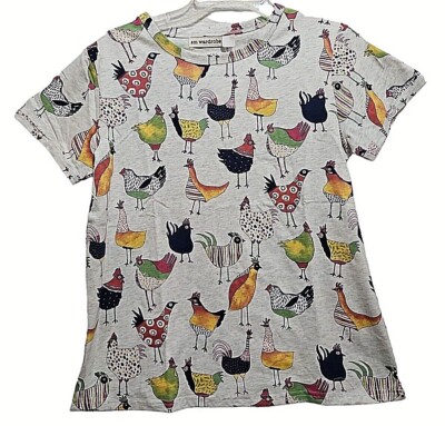 SM Wardrobe Top Womens Small Gray Multi Rooster Print Pullover Short Sleeve New