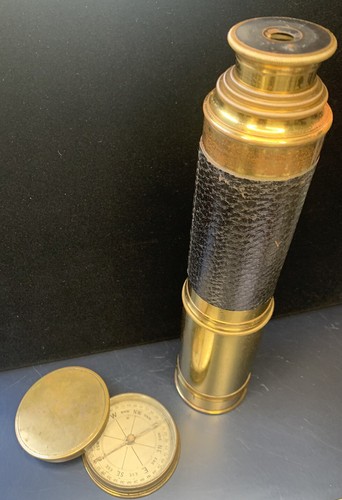Antique Brass Spyglass & Compass Made in France 3 Draw Telescope 10” to 29.5” - 第 1/24 張圖片