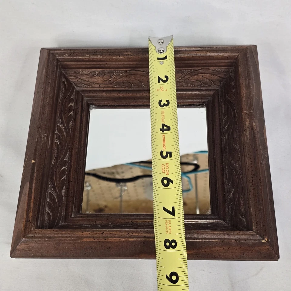 Set of 2 Wall Mounted Small Mirror Dark Wooden Frames  8”x 8”x 2" Thick Border - Image 4 of 4