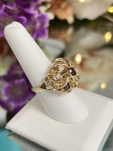 14k Yellow Gold Vintage Ladies Natural Ruby Diamond Cluster Cocktail Ring 7.75 - Picture 3 of 11