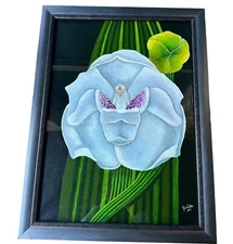 Original Art Oil Painting White Orchid Flower Still Life Signed Frame 24" x 18"