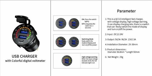 Marine 12V 24V QC 3.0 Dual USB Quick Charger LED Voltmeter - Picture 5 of 7