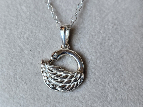 925 Sterling Silver Swan Pendant w/ Natural White Zircon on 20 in. Italian Chain - Afbeelding 2 van 6