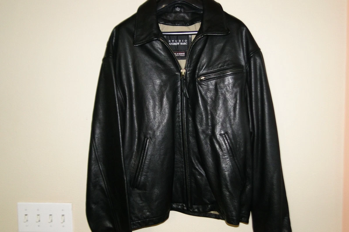 Vtg Wilsons Studio Andrew Marc Black Leather Moto Jacket Sz L