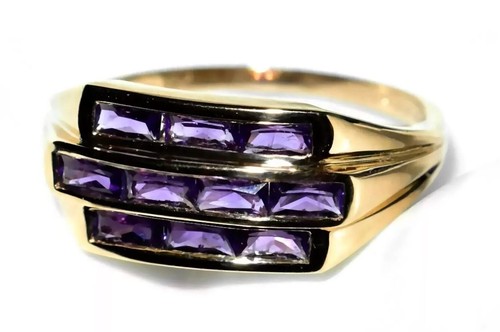 Amethyst Gold Ring 9ct Gold (3.60g) Baguette-Cut Amethysts Art Deco Size T - Picture 7 of 15