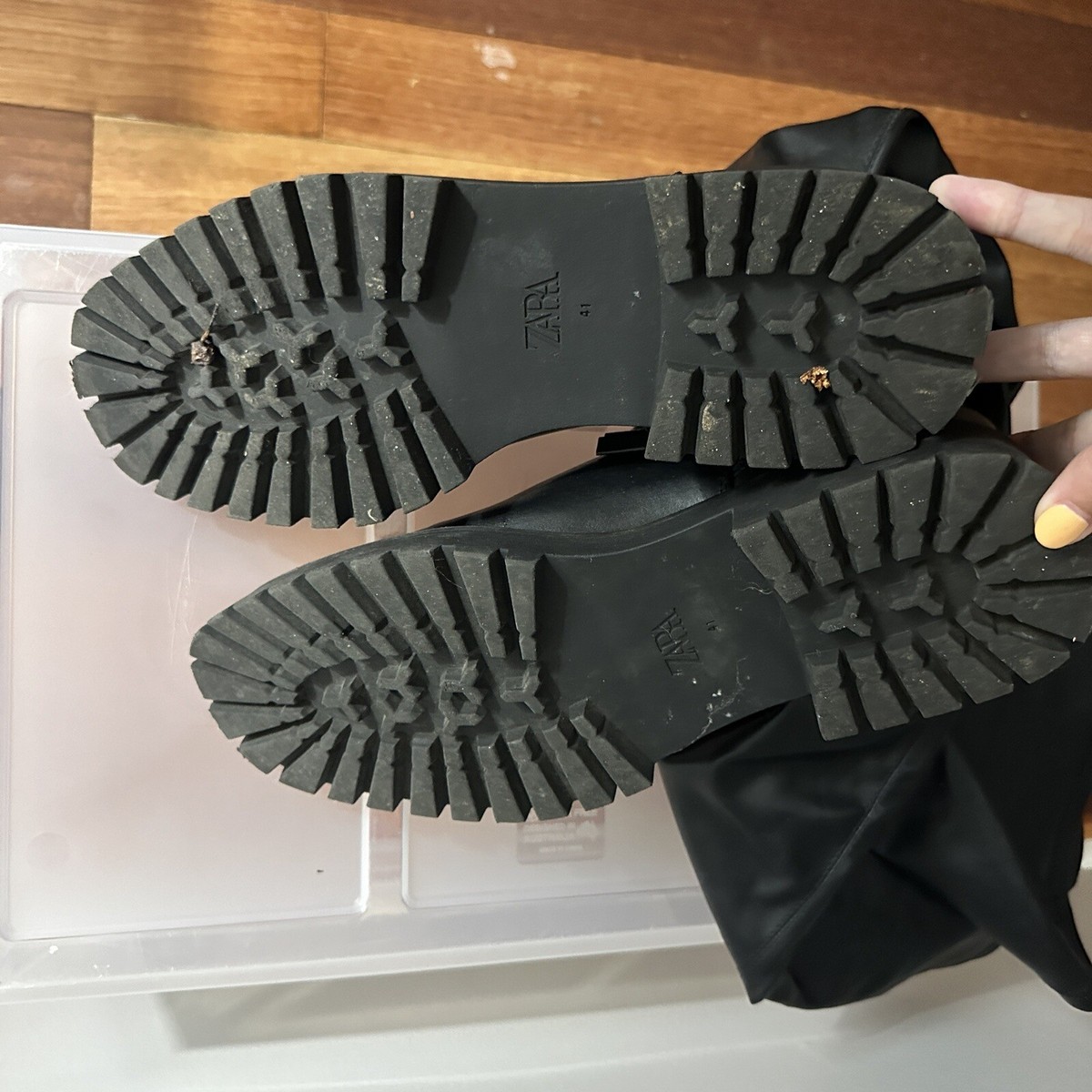 Zara Over The Knee Lug Sole Boots Black Faux Leather Womens