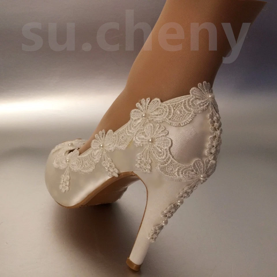 su.cheny 3" 4" heel satin white ivory lace pearls open toe Wedding bridal shoes - Image 3 of 4