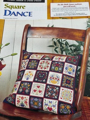 Square Dance Pillow Large & Doll House Size Cross Stitch Pattern Magazine Pages