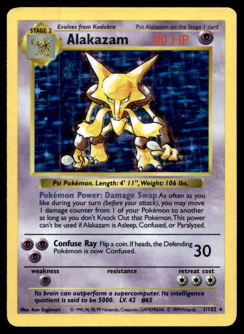 EX-NM Base Set (Shadowless) Alakazam Holo Rare 001/102 1999