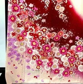 Japanese kimono SIL"FURISODE" TEMARI,Gld/SIL leaves,GIN To-oshi,Red,L5'6"..4800