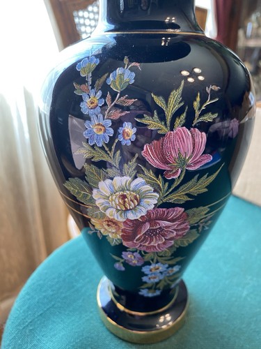 Black Floral Vase From Greece 24k Gold Trim Pre Owned - Picture 2 of 8