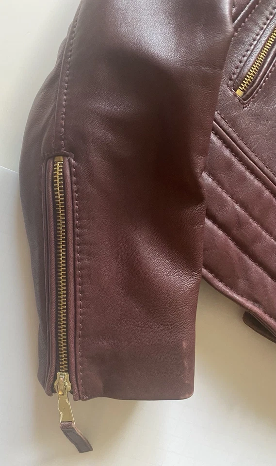Chaqueta de motociclista Boston Proper de cuero genuino borgoña para mujer XS herrajes dorados Foto 3 de 4