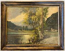 ANTICO DIPINTO OLIO TELA PAESAGGIO PRIMAVERILE LACUSTRE BARCA FIRMA "W" '800