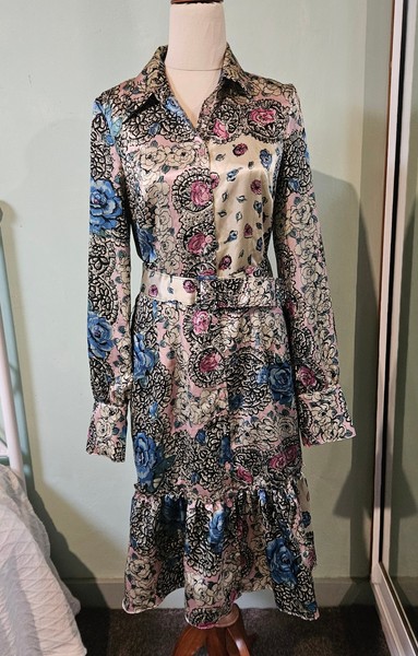 Charlie Brown Floral Satin Shirt Dress Size 10 Belted Made in Australia 