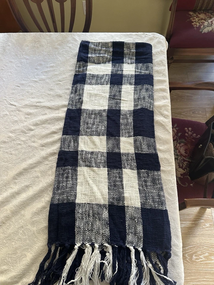 Pottery Barn Reversible Throw Navy & White Plaid Pattern Fringe Edging 50”x60” - Image 2 of 4