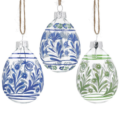 Gisela Graham blau und grün Laub Design Glas Osterei Kugeln mit Bindfaden