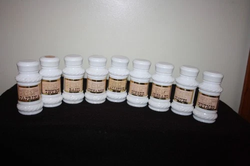 Vintage Hazel Atlas Set Of 9 Milk Glass Spice Jars, Rose Design Original Labels