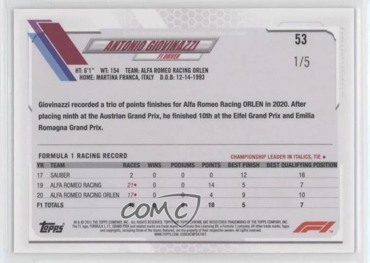 2021 Topps Chrome Formula 1 F1 Racers Red Wave Refractor /5 Antonio Giovinazzi - Image 2 of 2