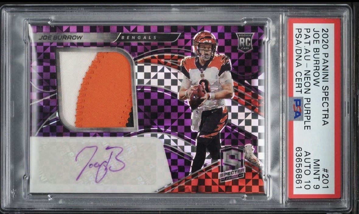 2020 Spectra Joe Burrow Neon Purple RPA RC 3 Color Patch AUTO /35 PSA 9