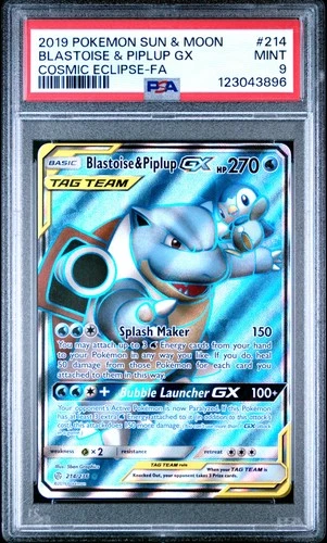 2019 POKEMON SUN & MOON COSMIC ECLIPSE #214 FULL ART/BLASTOISE & PIPLUP GX PSA 9