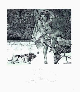 Konstantin Kalynovych: Exlibris / Weibl. Halbakt mit Krone Speer Hund Hirsch