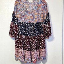 Women's Retro Boho Floral Tiered Smock Dress - V-Neck, Mixed Print, Size L