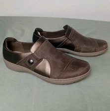 Clarks Womens 7 W Cora Poppy Leather Slip-on Shoes Metalic Bronze Brown Comfort