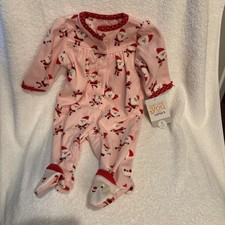 Carter's Baby Girl Sz 3 Month Fleece Zip Up Sleeper Christmas Santa Pink Red NWT