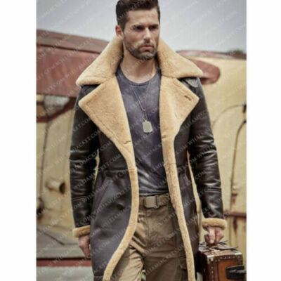 Men`s RAF Trench Coat Brown Real Sheepskin Shearling Leather Jacket