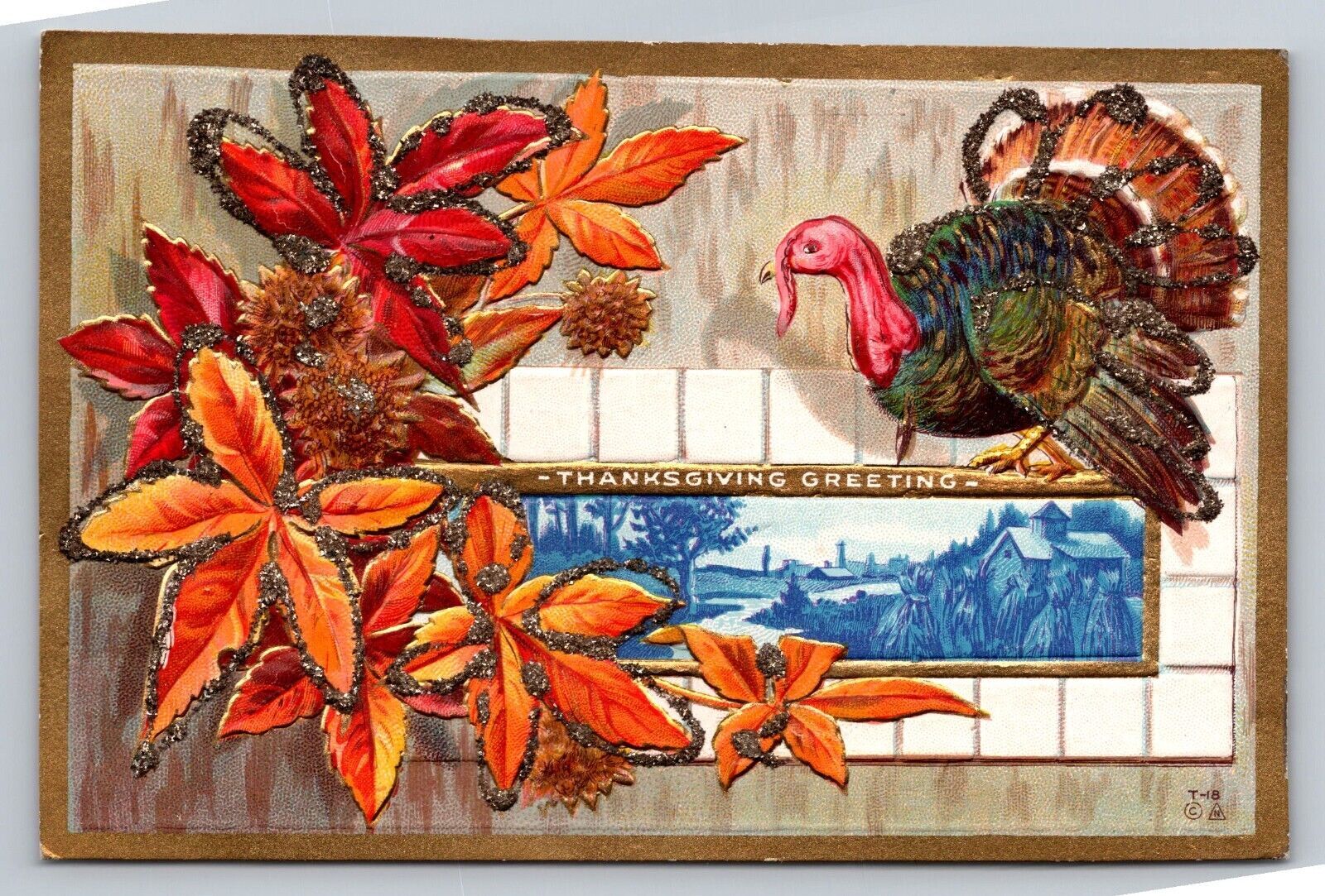 Antique PC Embossed Gilt Glitter Fall Thanksgiving Turkey Rural Farm House Inset