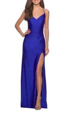 La Femme 28206 Cross Back Satin Jersey Trumpet Gown SZ 0 Royal Blue