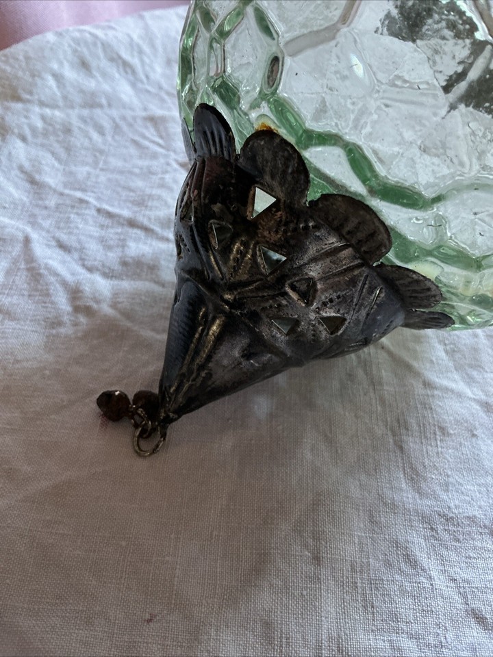 Green Tinge Glass Hanging Tea Light Candle Holder Moroccan Metal