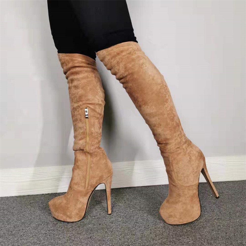 Camel Suede Boots Women Knee High Boots Platform High Heels