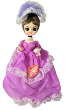 Vtg 1970's Artmark Bradley Big Eye Doll with Stand Purple Victorian Dress Korea