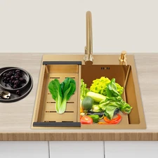 Waterfall Kitchen Sink Workstation Stainless Steel with Drain Basket Faucet