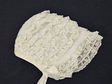 Vintage Lace Ruffle Baby Bonnet Tie Ribbon Off White Layered Trim Antique 