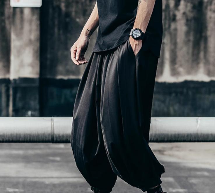 Men's Black Punk Wide-Leg Bloomers Looase Jogger Pants