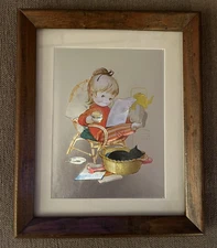 Framed Vintage Foil Art Print By Mabel Lucie Attwell “Elevenses” Girl with Cat