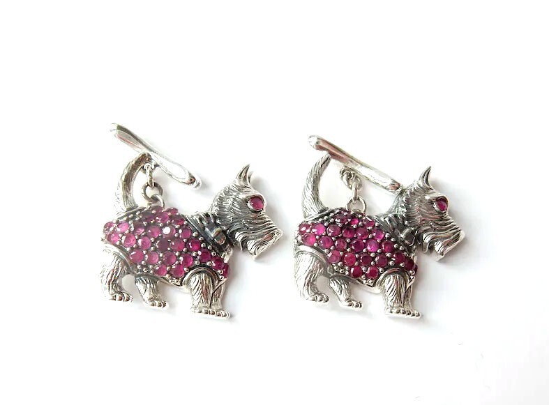 Ruby Gemstone Scottie Dog & Bone Cufflinks Sterli… - image 2